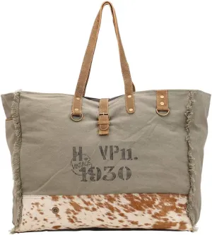 Myra Bag Viridescent Upcycled Canvas & Cowhide Weekender Bag S-1444