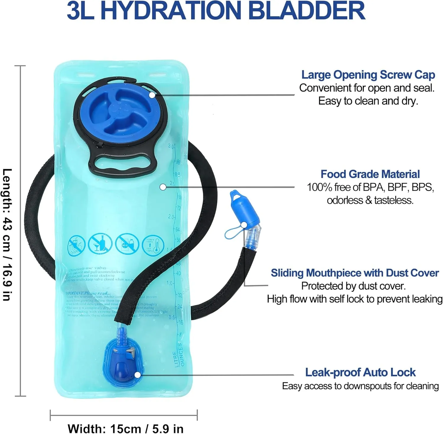 N NEVO RHINO Hydration Bladder1.5L- 2L-3L Leak Proof Water Reservoir, BPA -Free Water Pouch, Water Bladder for Hydration Pack，Hiking Backpack