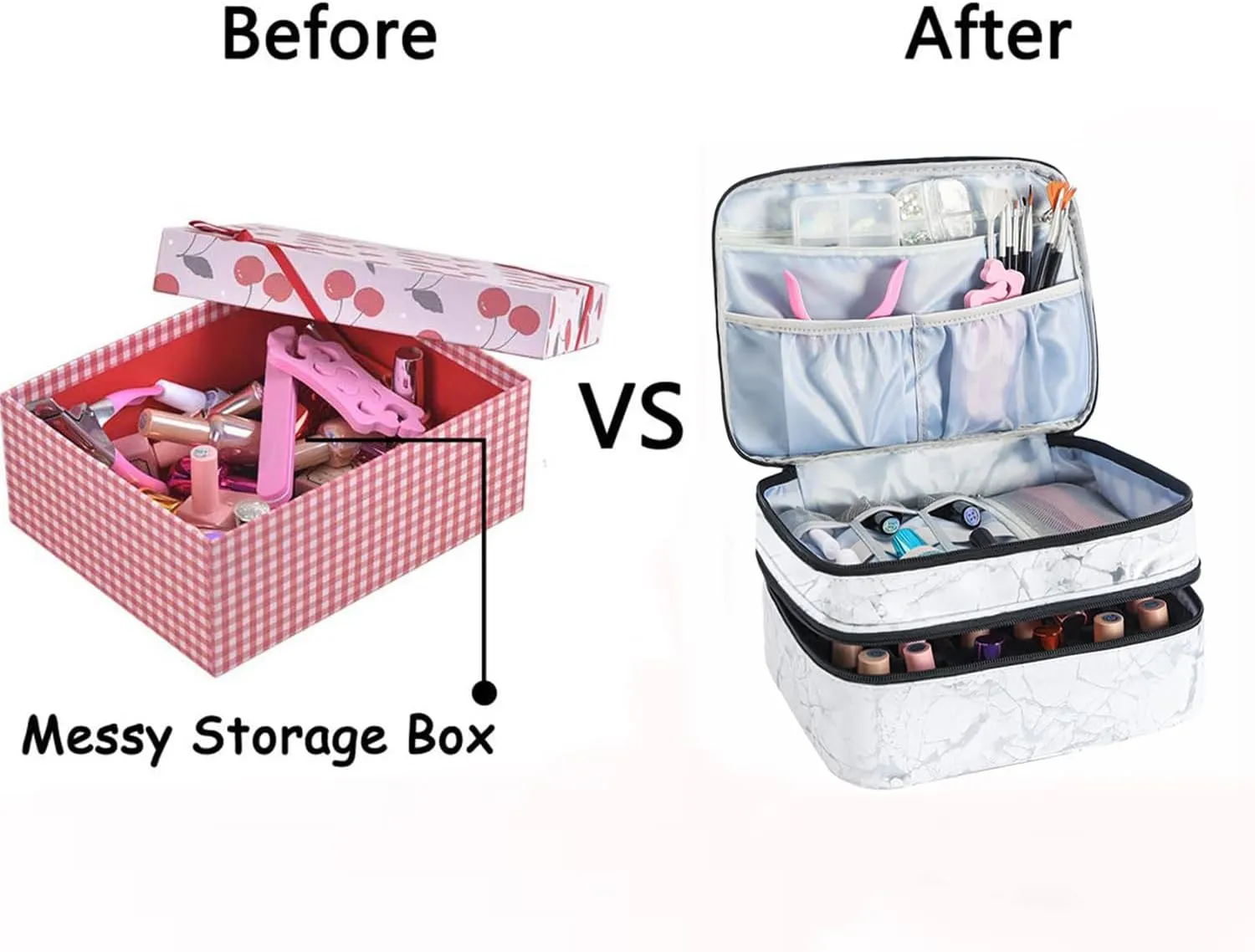 Nail Polish Carrying Case -Holds 30 bottles(15ml-0.5fl.oz)，nail organizers and storage, Double-layer Storage Bag for Nail Polish and Manicure Set, Cosmetic Travel Cases(White)