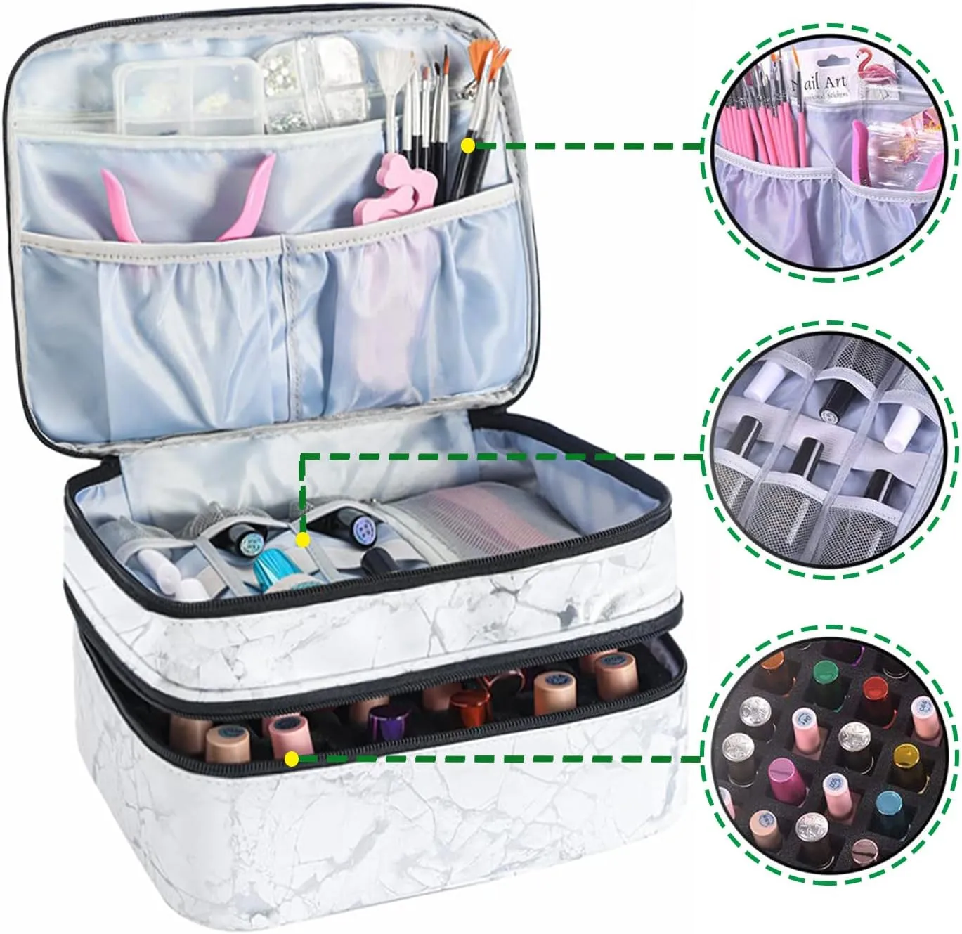 Nail Polish Carrying Case -Holds 30 bottles(15ml-0.5fl.oz)，nail organizers and storage, Double-layer Storage Bag for Nail Polish and Manicure Set, Cosmetic Travel Cases(White)
