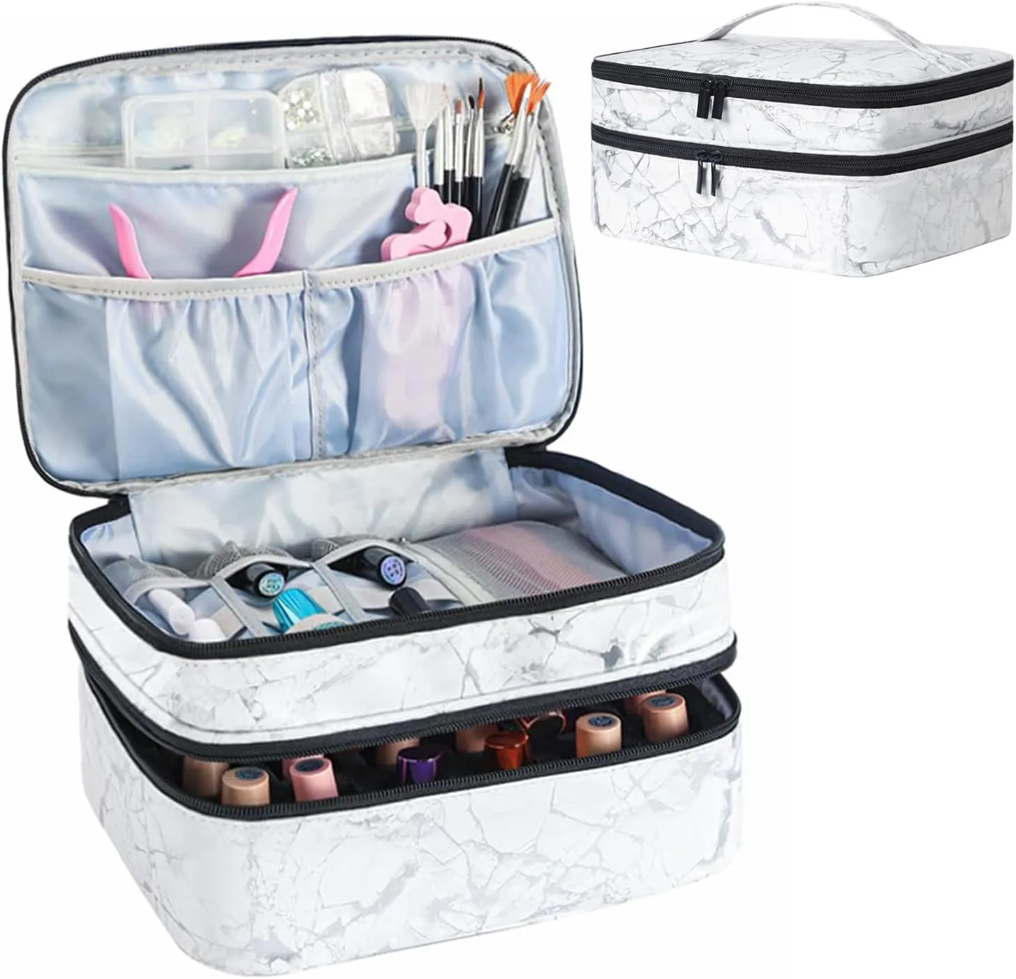 Nail Polish Carrying Case -Holds 30 bottles(15ml-0.5fl.oz)，nail organizers and storage, Double-layer Storage Bag for Nail Polish and Manicure Set, Cosmetic Travel Cases(White)