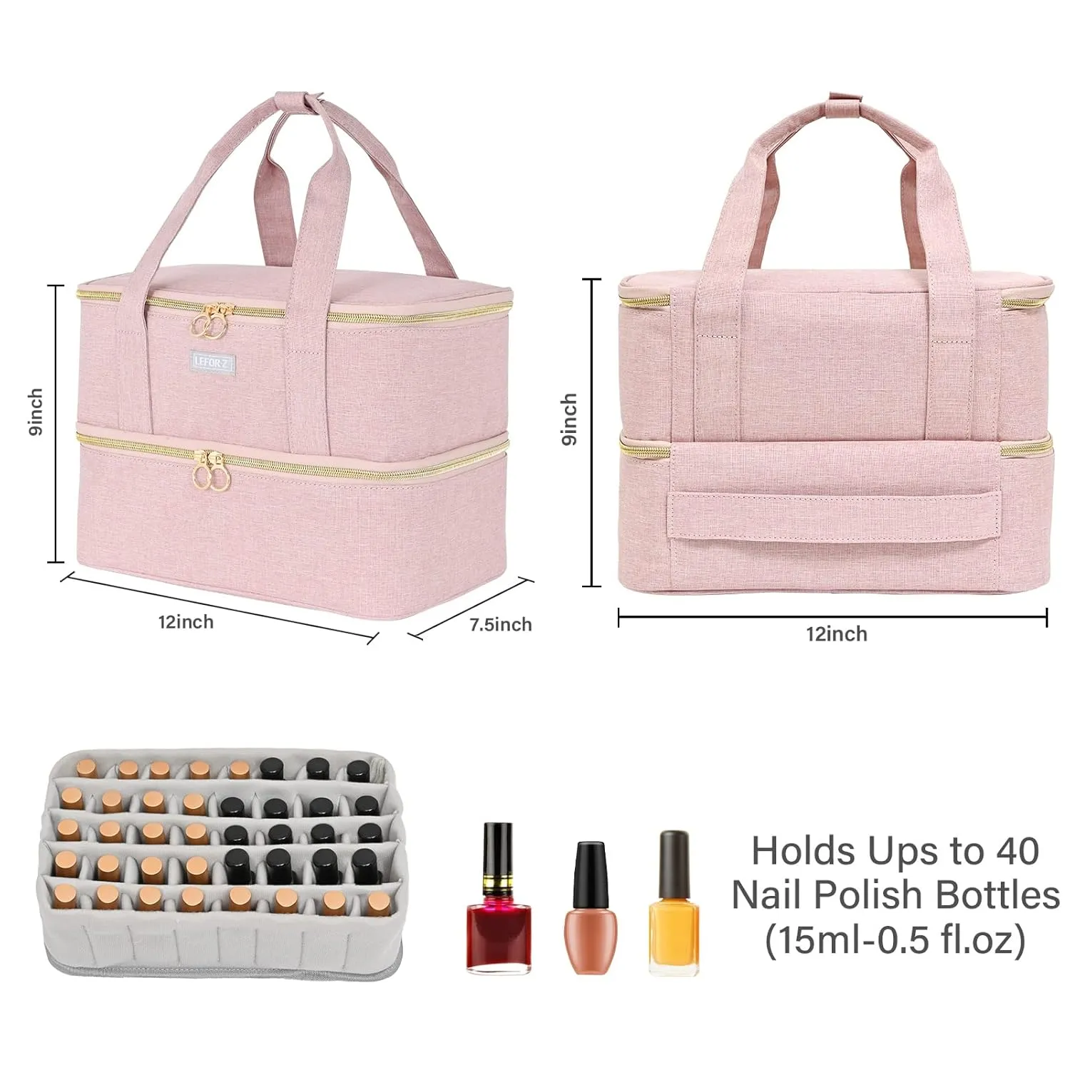 Nail Polish Organizers and Storage,Double-Layer Nail Supplies Carrying Case Bag Holds 40 Bottles(15ml-0.5 fl.oz) and Nail Lamp
