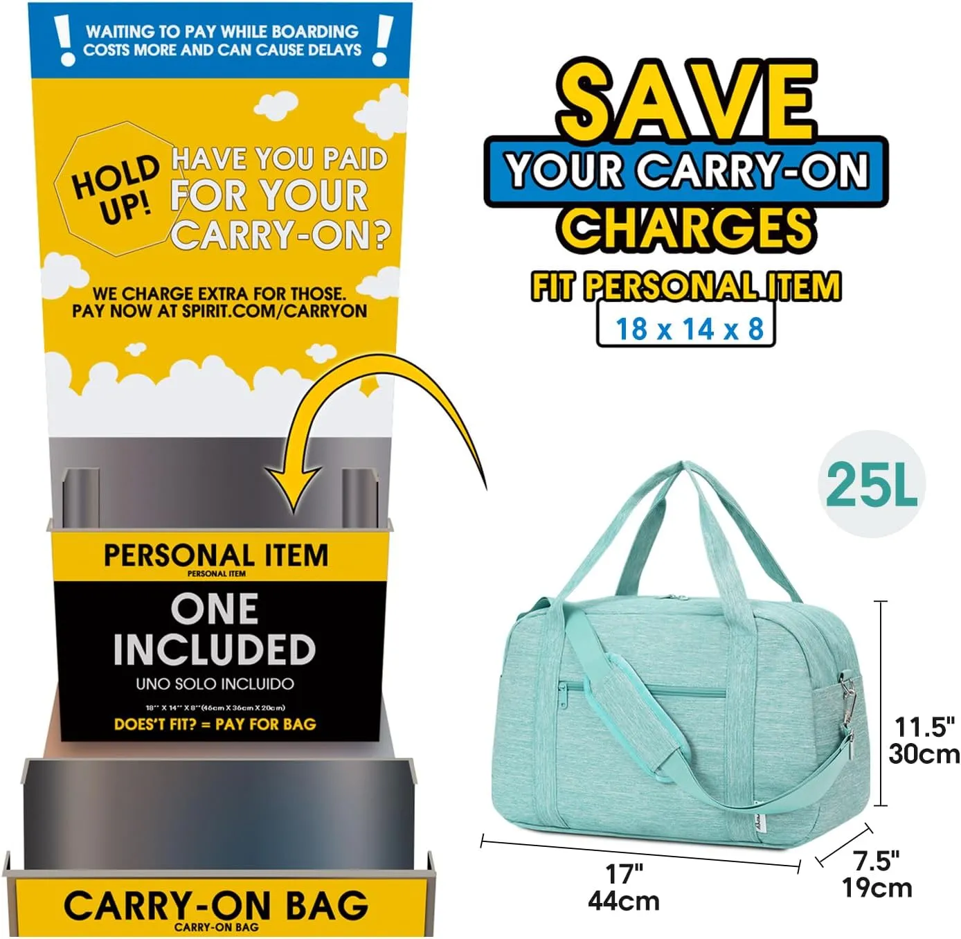 Narwey 18" Carry on Bag Underseat for Airplane with Wet Pocket Spirit Airlines Personal Item Bag Travel Duffel Bag Small Gym Bag Weekender Overnight for Women and Men (Mint Green)