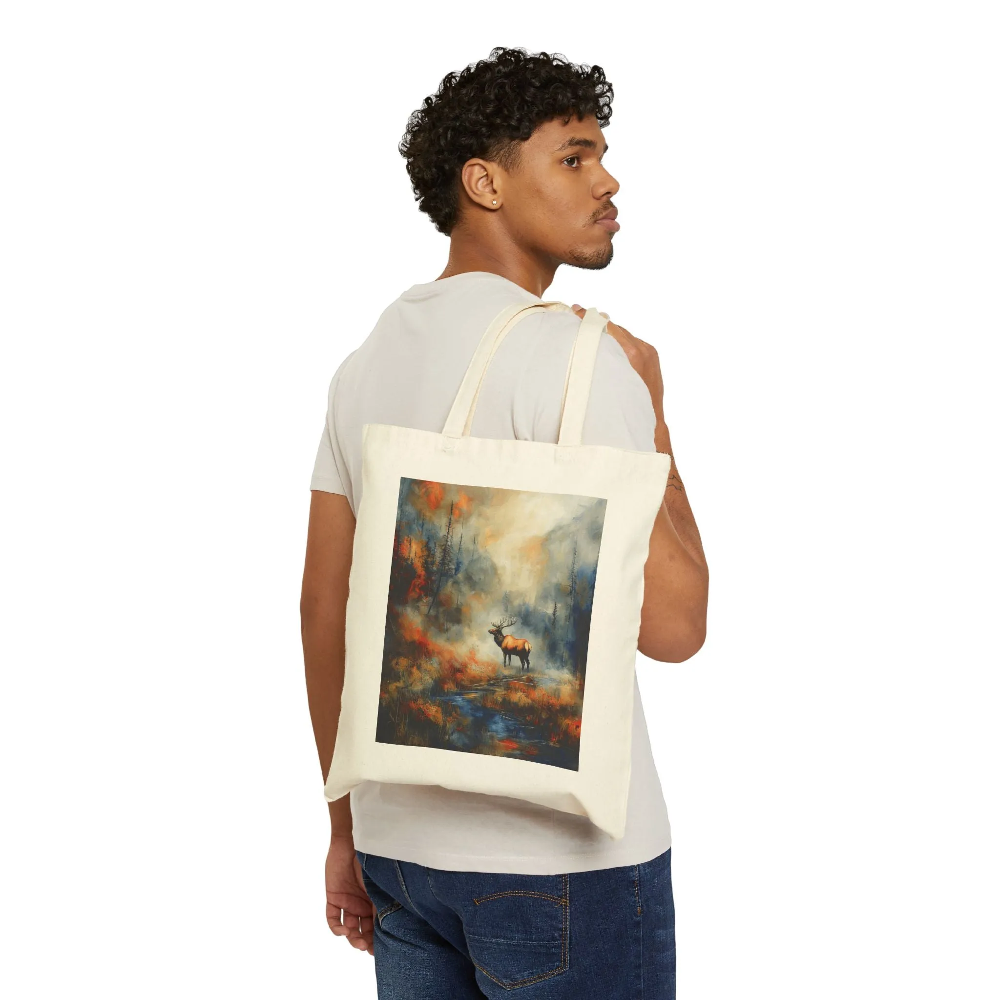 Nature-Inspired Cotton Canvas Tote Bag - Artistic Elk Design