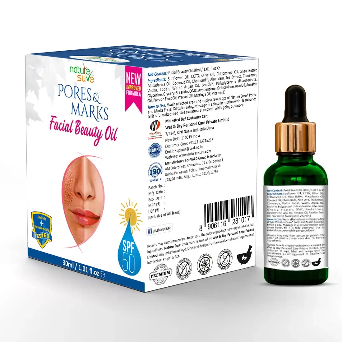 Nature Sure Pores and Marks Facial Oil with SPF 50 Sunscreen, Natural Skin Glow and Ultralight Face Care