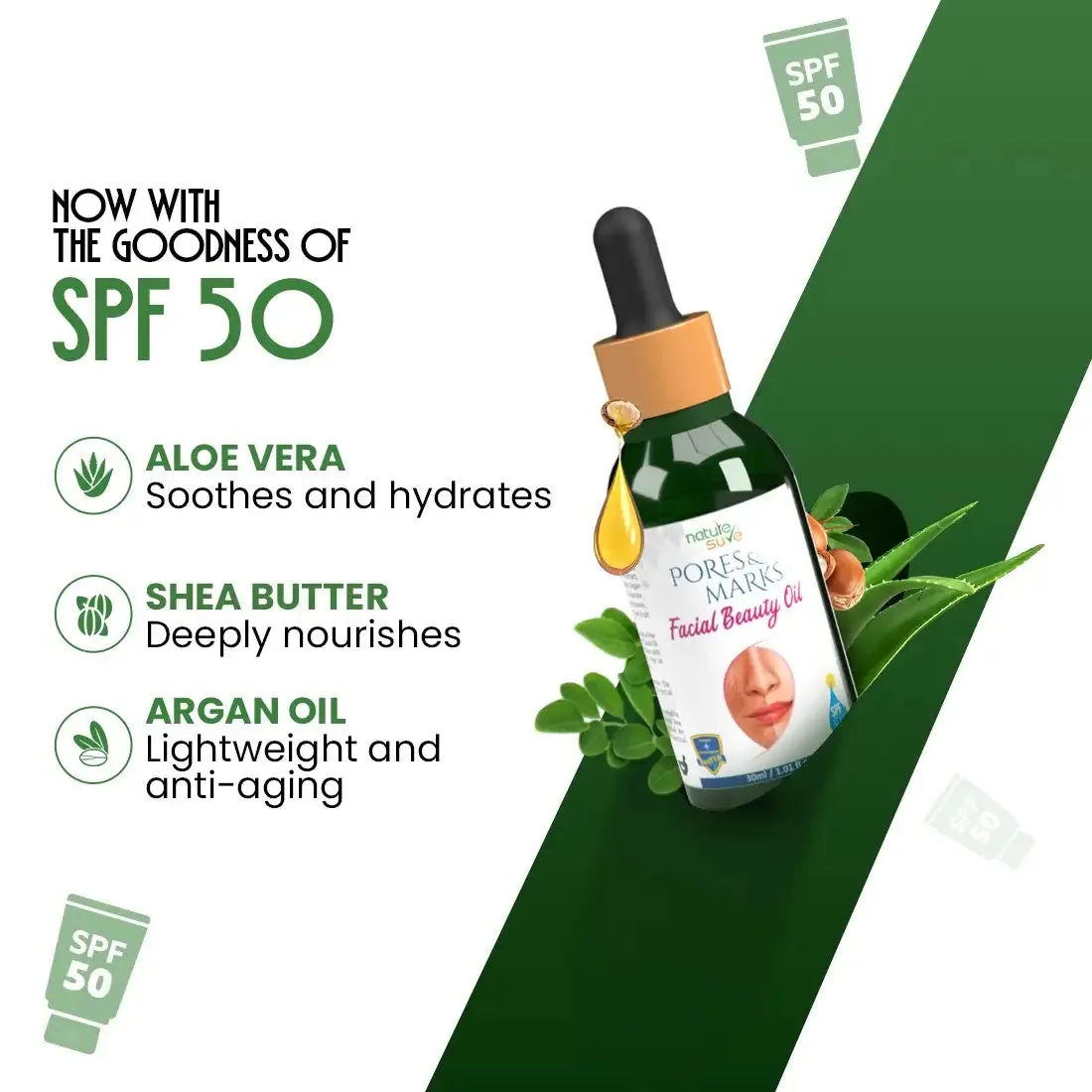 Nature Sure Pores and Marks Facial Oil with SPF 50 Sunscreen, Natural Skin Glow and Ultralight Face Care
