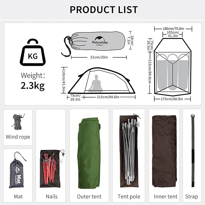 Naturehike Cloud-Up 3 Person Lightweight Backpacking Tent with Footprint - 3 Season Free Standing Dome Camping Hiking Waterproof Backpack Tents