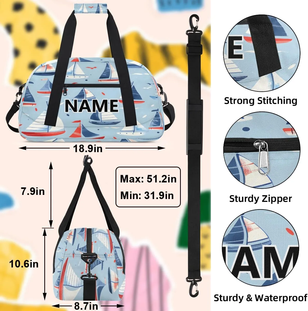 Nautical Sailing Mini Gym Bag 18 inch for Women Men Waterproof Custom Cartoon Sailboat Travel Duffel Bag Carry On Overnight Tote Nurse Bag for Work Fitness Hiking