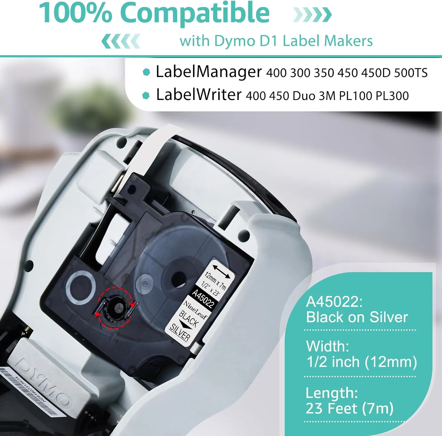 NineLeaf 2 Pack Compatible for Dymo D1 Label Maker Refills 45022 1/2" 12mm Black on Silver Label Tape Refill for LabelManager PnP 160 260P 210D 280 360D 420P 450 450D ColorPop Label Printers