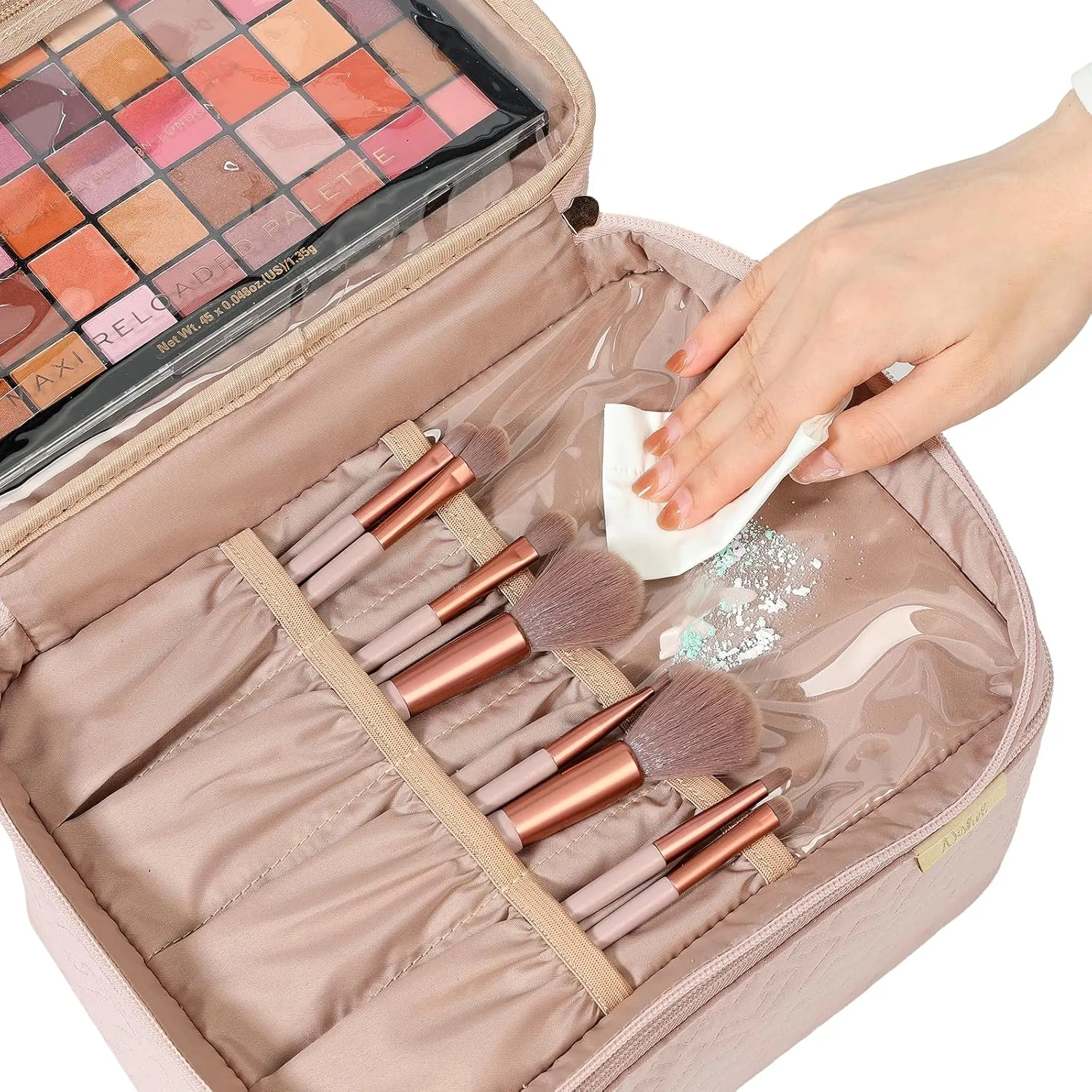 NISHEL Large Double Layer Travel Makeup Bag Women, Cosmetic Case, Organizer for Travel-Size Accessories Bottles, Brushes, Conditioner, and Skin Care Products, Pink
