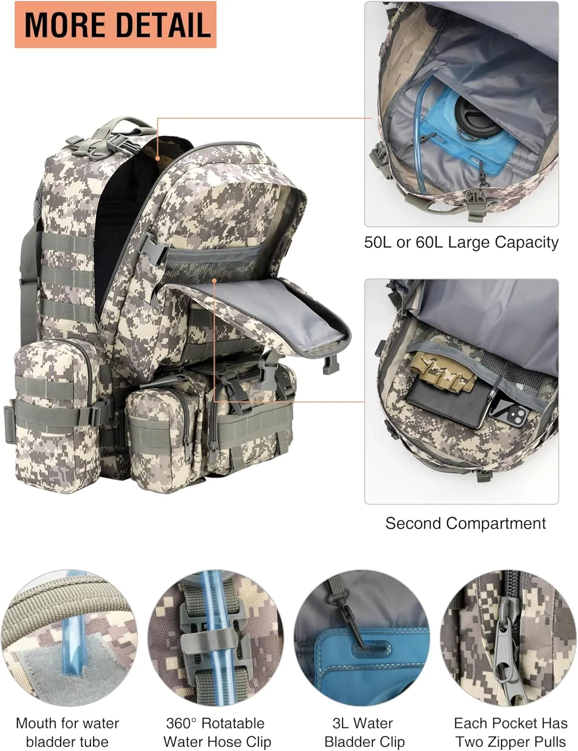 NOOLA 60L Military Tactical Backpack for Men Army 3 Day Assault Pack Large Camping Detachable Rucksack with Bottle Holder