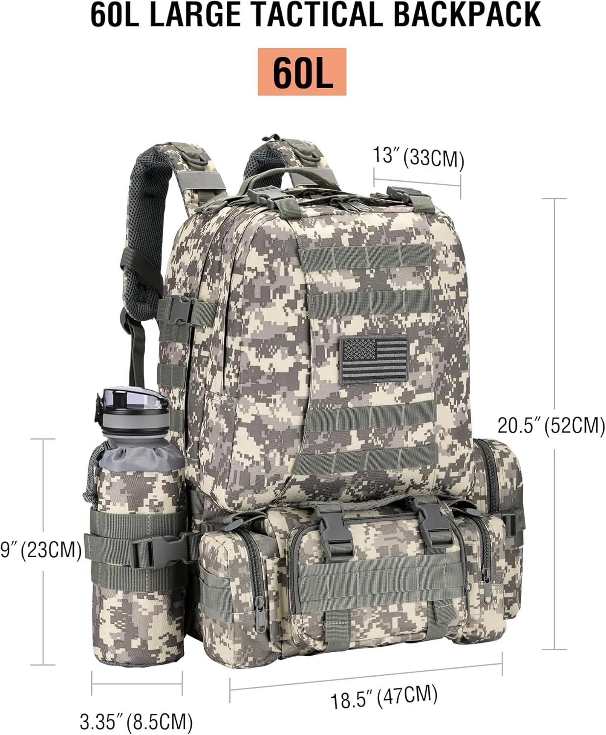 NOOLA 60L Military Tactical Backpack for Men Army 3 Day Assault Pack Large Camping Detachable Rucksack with Bottle Holder