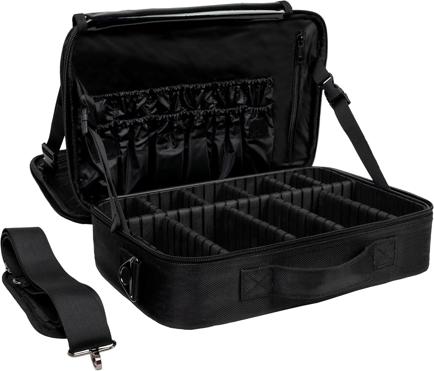 (Not Made In China) 2 Pack, Makeup Train Case, Cosmetic Travel Organizer For Professional Beauty Artist, Portable Storage Bag W/Adjustable Dividers For Jewelry and Brushes (Black, Large)