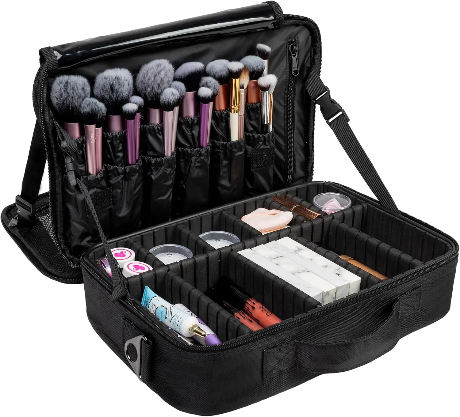 (Not Made In China) 2 Pack, Makeup Train Case, Cosmetic Travel Organizer For Professional Beauty Artist, Portable Storage Bag W/Adjustable Dividers For Jewelry and Brushes (Black, Large)