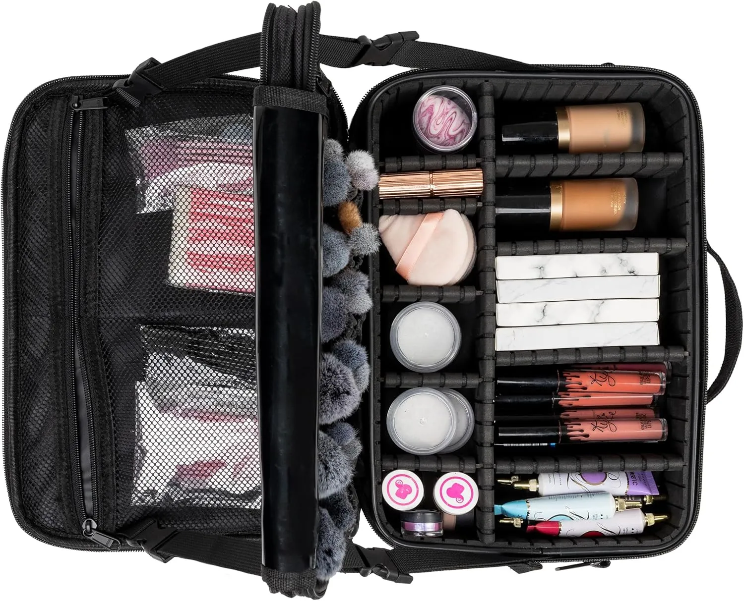(Not Made In China) 2 Pack, Makeup Train Case, Cosmetic Travel Organizer For Professional Beauty Artist, Portable Storage Bag W/Adjustable Dividers For Jewelry and Brushes (Black, Large)