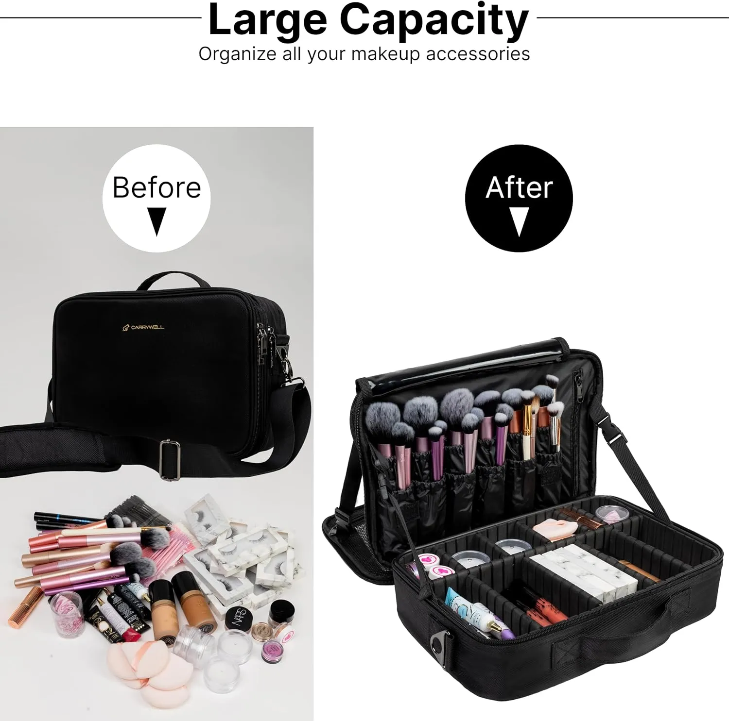 (Not Made In China) Makeup Train Case, Cosmetic Organizer Bag, Travel Make Up Storage With Adjustable Dividers For Cosmetics, Jewelry, Fragrance, Nail Polish and Brushes (1, Black, Large)