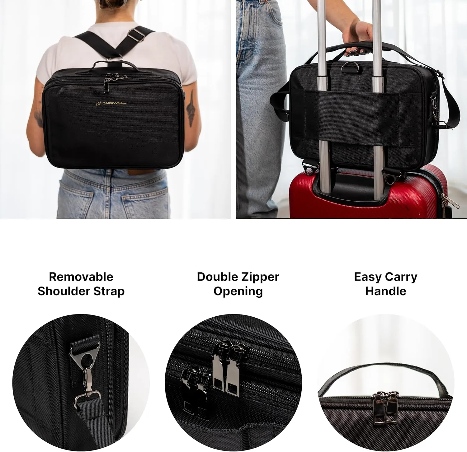 (Not Made In China) Makeup Train Case, Cosmetic Organizer Bag, Travel Make Up Storage With Adjustable Dividers For Cosmetics, Jewelry, Fragrance, Nail Polish and Brushes (1, Black, Large)