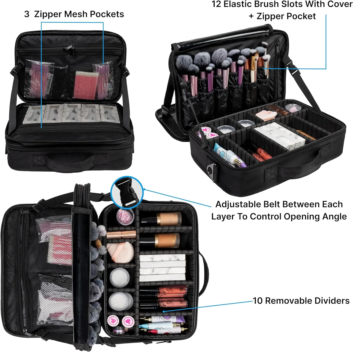 (Not Made In China) Makeup Train Case, Cosmetic Organizer Bag, Travel Make Up Storage With Adjustable Dividers For Cosmetics, Jewelry, Fragrance, Nail Polish and Brushes (1, Black, Large)