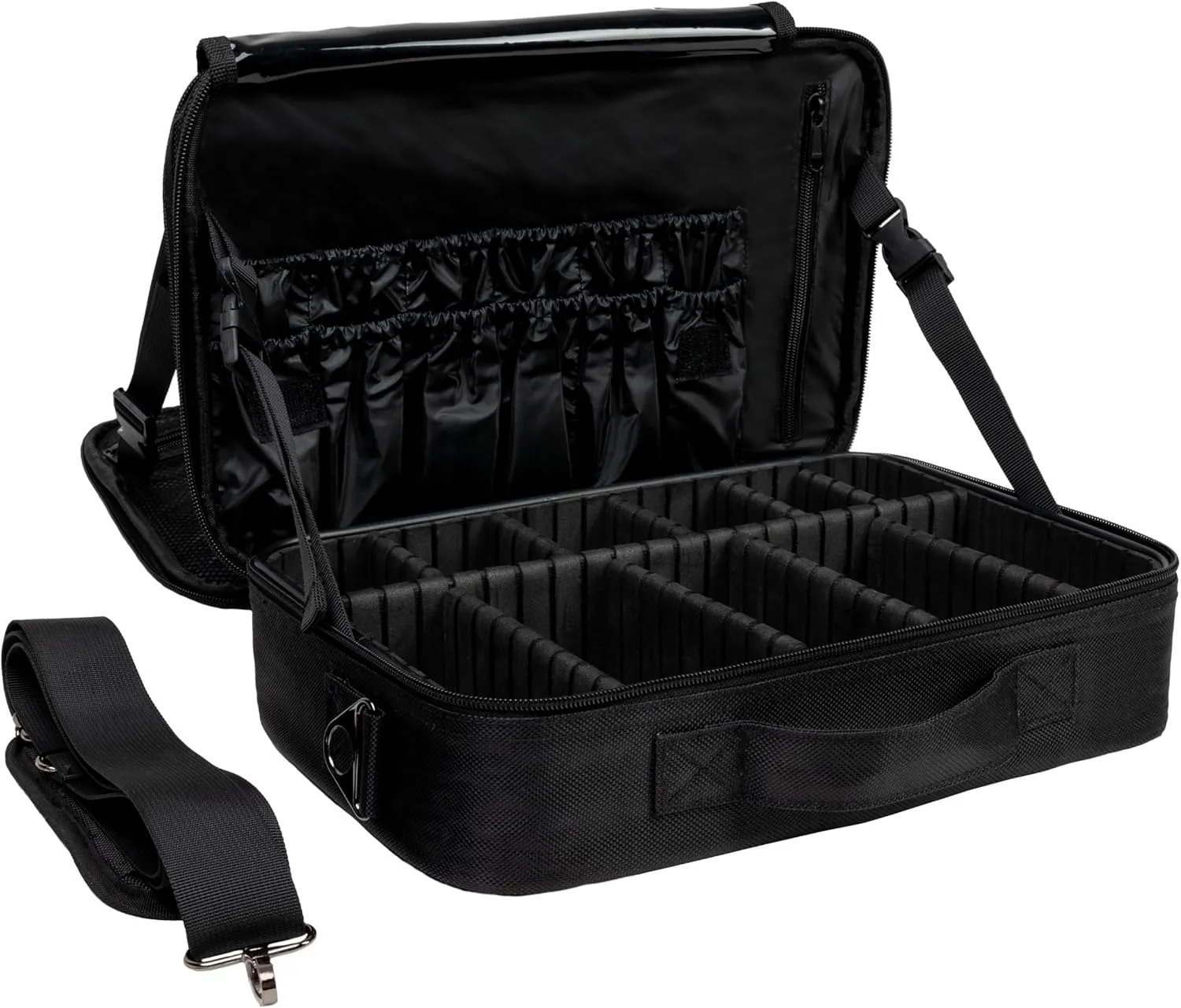 (Not Made In China) Makeup Train Case, Cosmetic Organizer Bag, Travel Make Up Storage With Adjustable Dividers For Cosmetics, Jewelry, Fragrance, Nail Polish and Brushes (1, Black, Large)