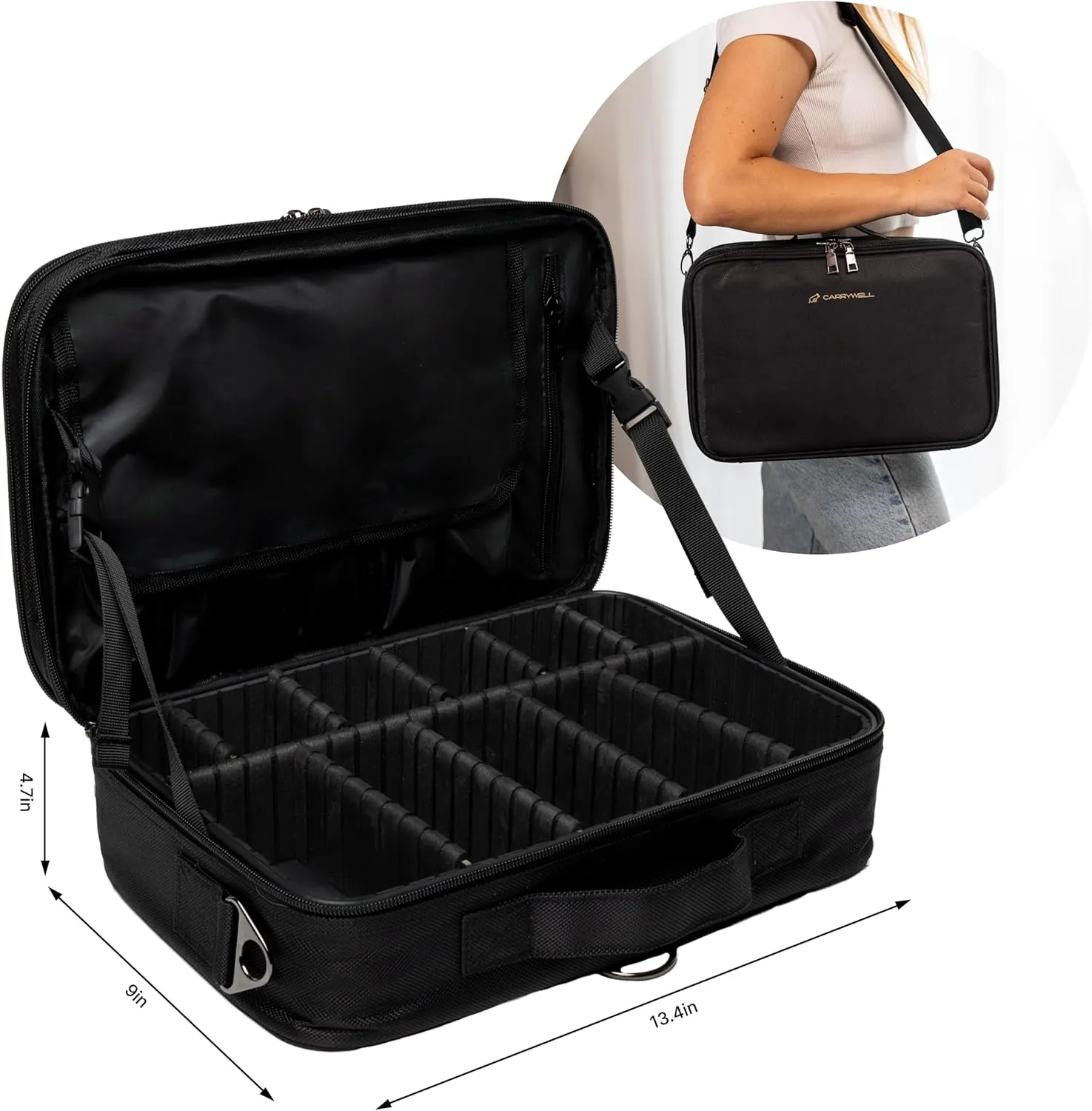 (Not Made In China) Makeup Train Case, Cosmetic Organizer Bag, Travel Make Up Storage With Adjustable Dividers For Cosmetics, Jewelry, Fragrance, Nail Polish and Brushes (1, Black, Large)