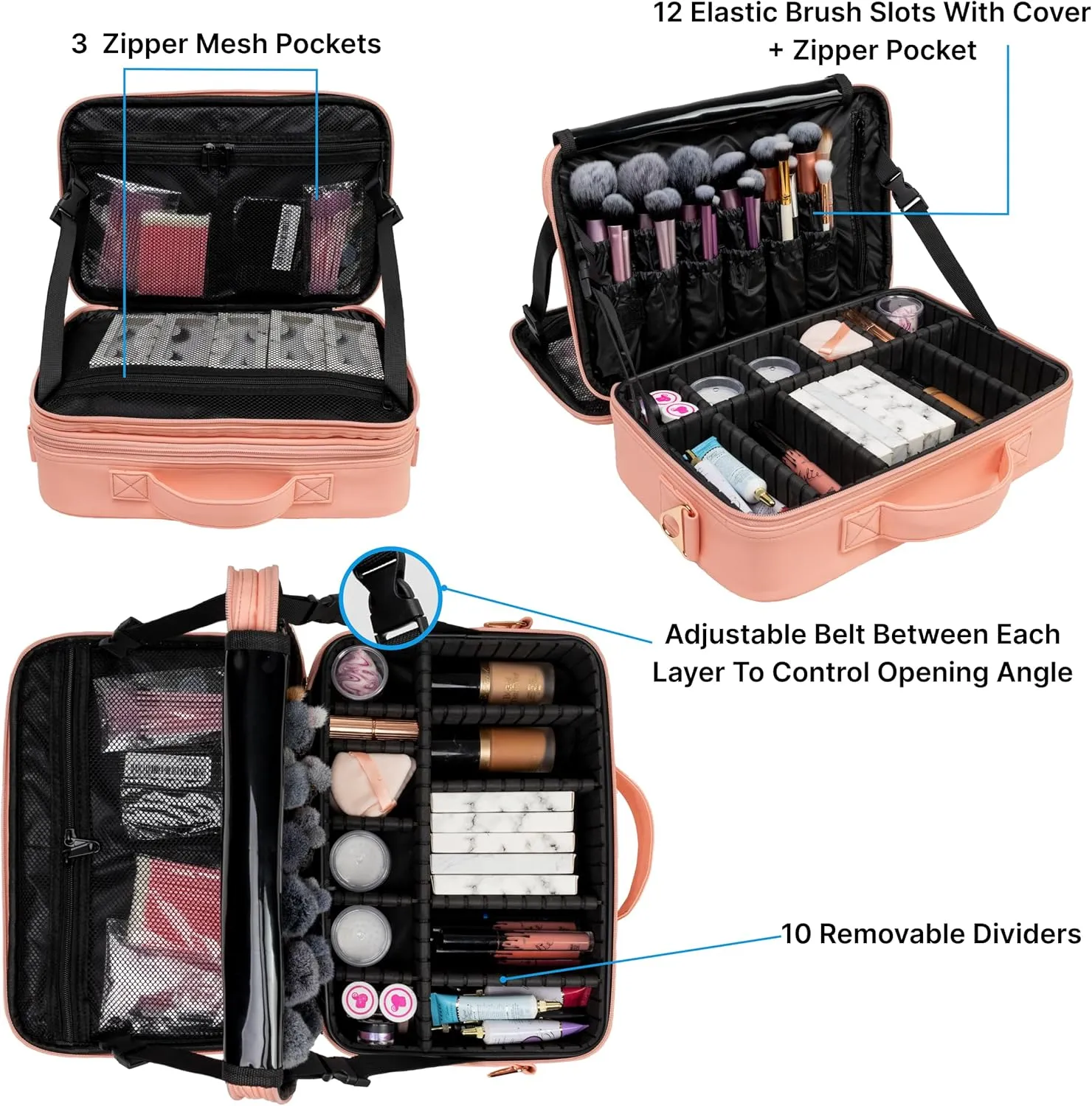 (Not Made In China) Makeup Train Case, Cosmetic Organizer Bag, Travel Make Up Storage With Adjustable Dividers For Cosmetics, Jewelry, Fragrance, Nail Polish and Brushes (1, Pink, Large)