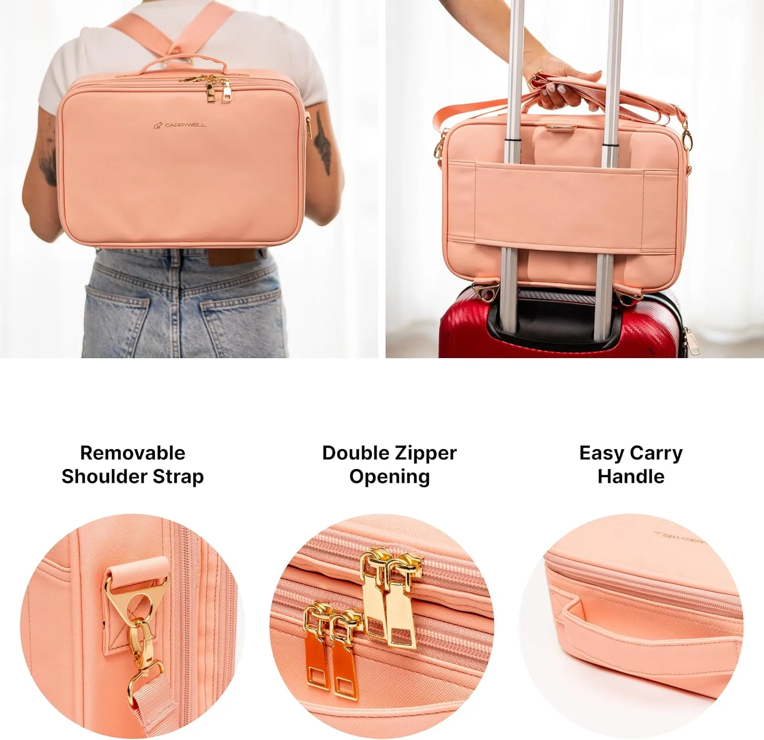 (Not Made In China) Makeup Train Case, Cosmetic Organizer Bag, Travel Make Up Storage With Adjustable Dividers For Cosmetics, Jewelry, Fragrance, Nail Polish and Brushes (1, Pink, Large)