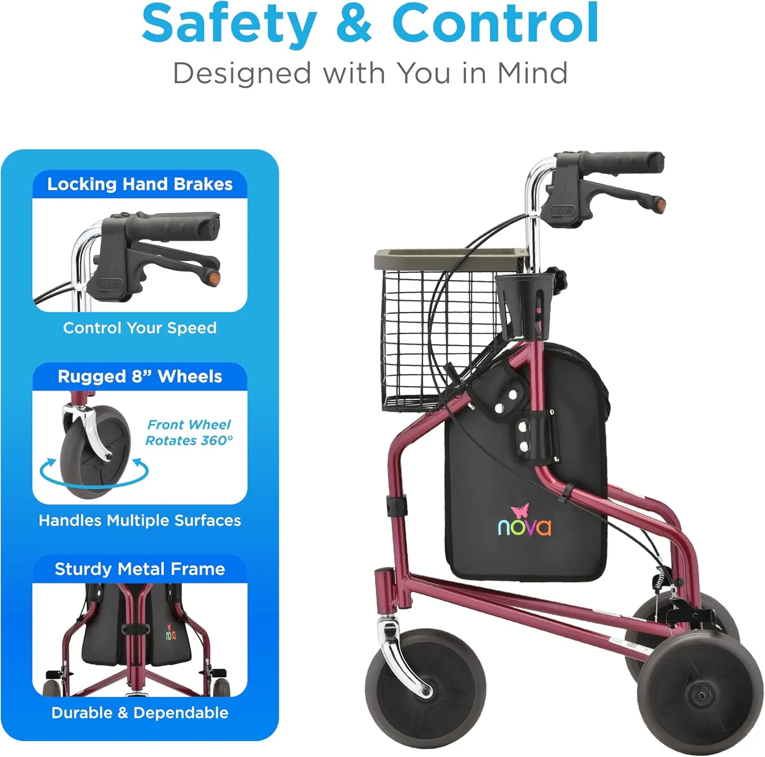 NOVA Traveler 3 Wheel Rollator Walker, All Terrain 8” Wheels, Includes Bag, Basket and Tray, Red