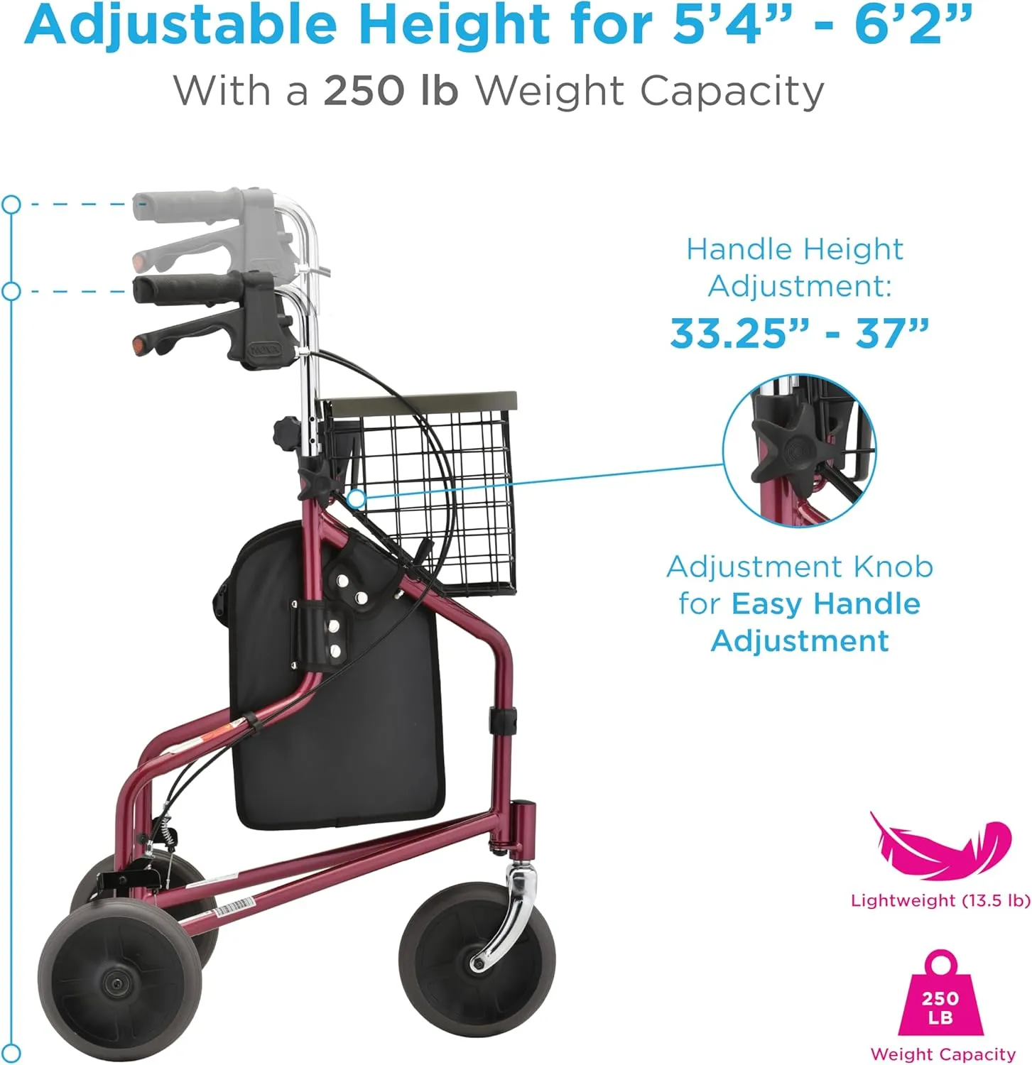 NOVA Traveler 3 Wheel Rollator Walker, All Terrain 8” Wheels, Includes Bag, Basket and Tray, Red