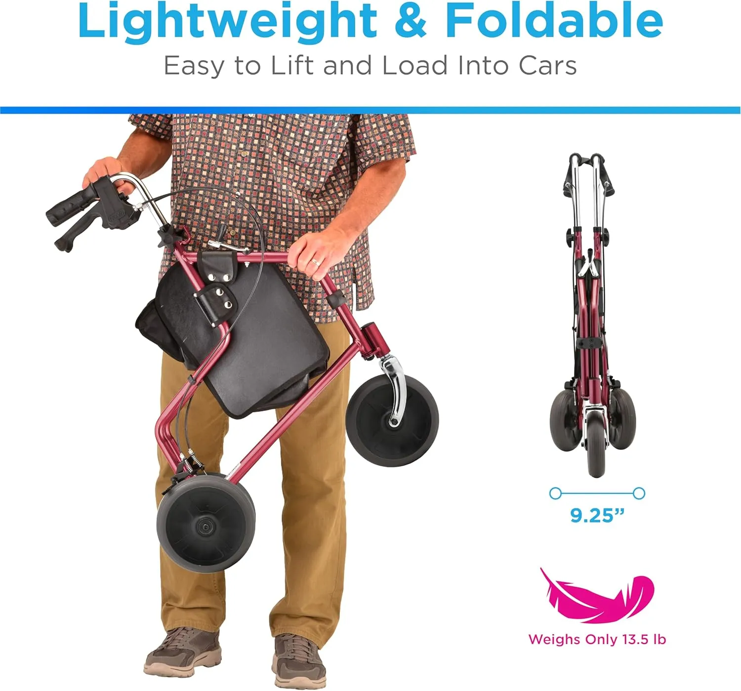 NOVA Traveler 3 Wheel Rollator Walker, All Terrain 8” Wheels, Includes Bag, Basket and Tray, Red