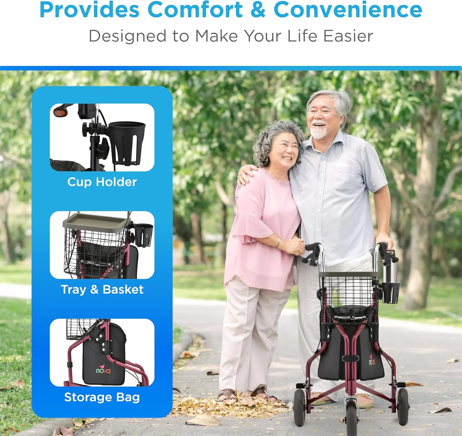 NOVA Traveler 3 Wheel Rollator Walker, All Terrain 8” Wheels, Includes Bag, Basket and Tray, Red