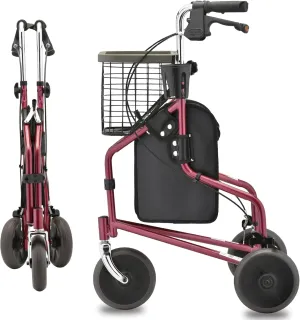 NOVA Traveler 3 Wheel Rollator Walker, All Terrain 8” Wheels, Includes Bag, Basket and Tray, Red