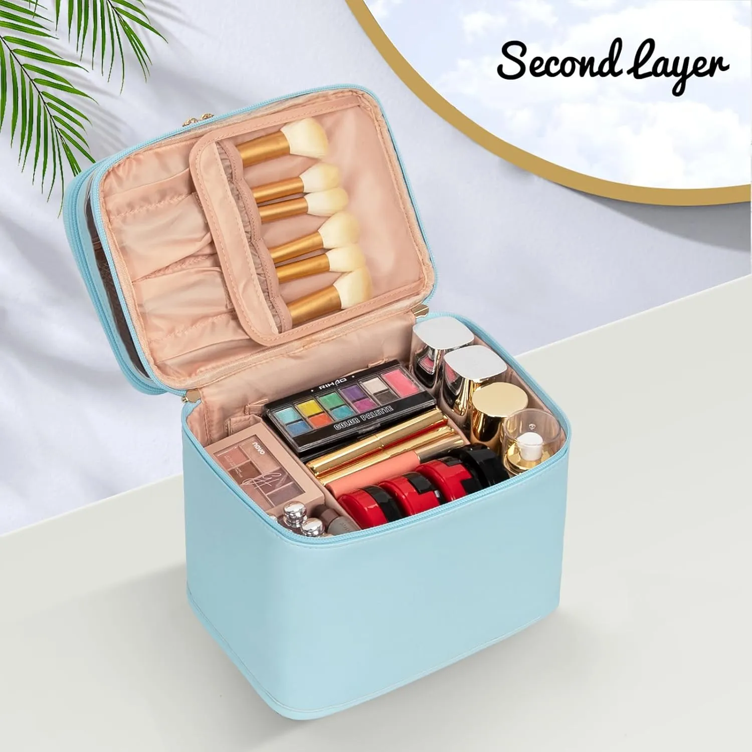 OCHEAL Large Makeup Bag, Double Layer Makeup Bag, Vertical Storage Cosmetic Case for Women/Girls with Multiple Compartments-Blue-xl