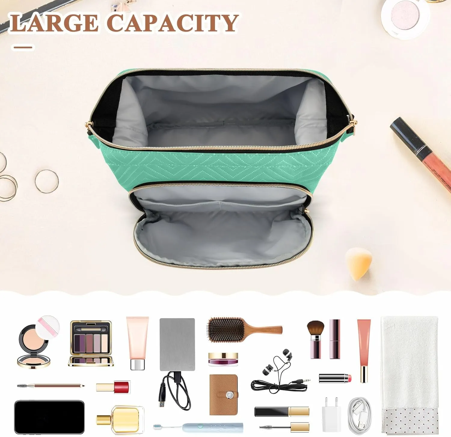 ODAWA Large Capacity Makeup Bag Medium Aquamarine Wide-open Pouch Purse with 9-Piece Accessory Set, Travel Cosmetic Bag Organizer Bag for Makeup