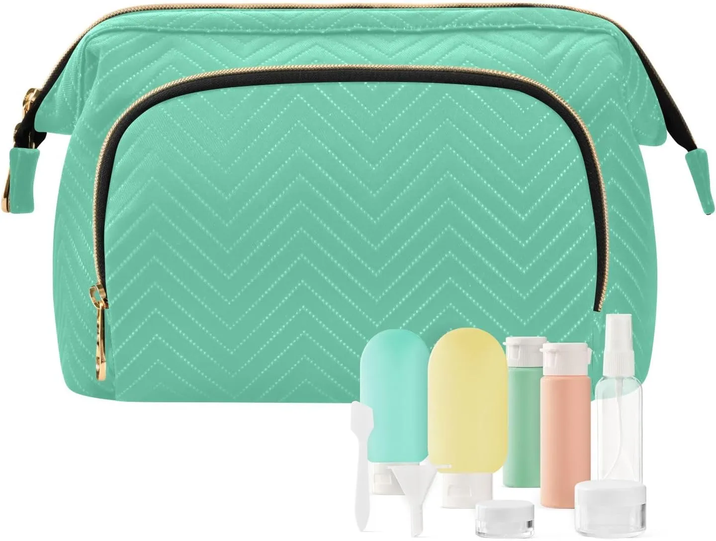 ODAWA Large Capacity Makeup Bag Medium Aquamarine Wide-open Pouch Purse with 9-Piece Accessory Set, Travel Cosmetic Bag Organizer Bag for Makeup