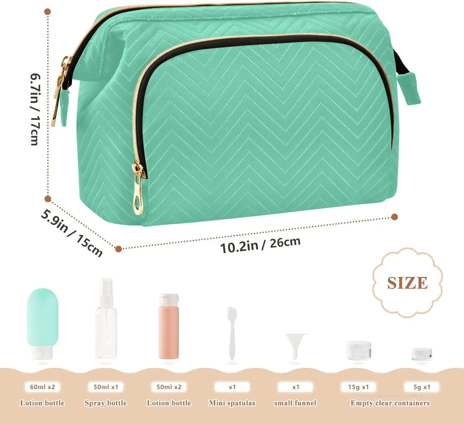 ODAWA Large Capacity Makeup Bag Medium Aquamarine Wide-open Pouch Purse with 9-Piece Accessory Set, Travel Cosmetic Bag Organizer Bag for Makeup
