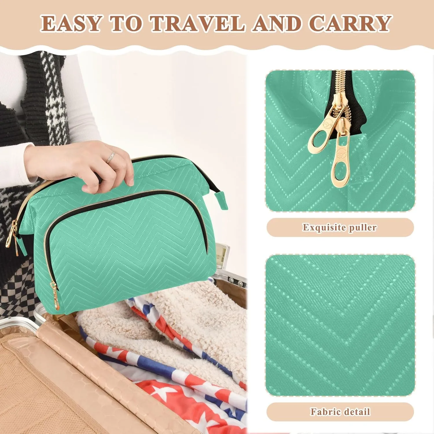 ODAWA Large Capacity Makeup Bag Medium Aquamarine Wide-open Pouch Purse with 9-Piece Accessory Set, Travel Cosmetic Bag Organizer Bag for Makeup