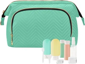 ODAWA Large Capacity Makeup Bag Medium Aquamarine Wide-open Pouch Purse with 9-Piece Accessory Set, Travel Cosmetic Bag Organizer Bag for Makeup