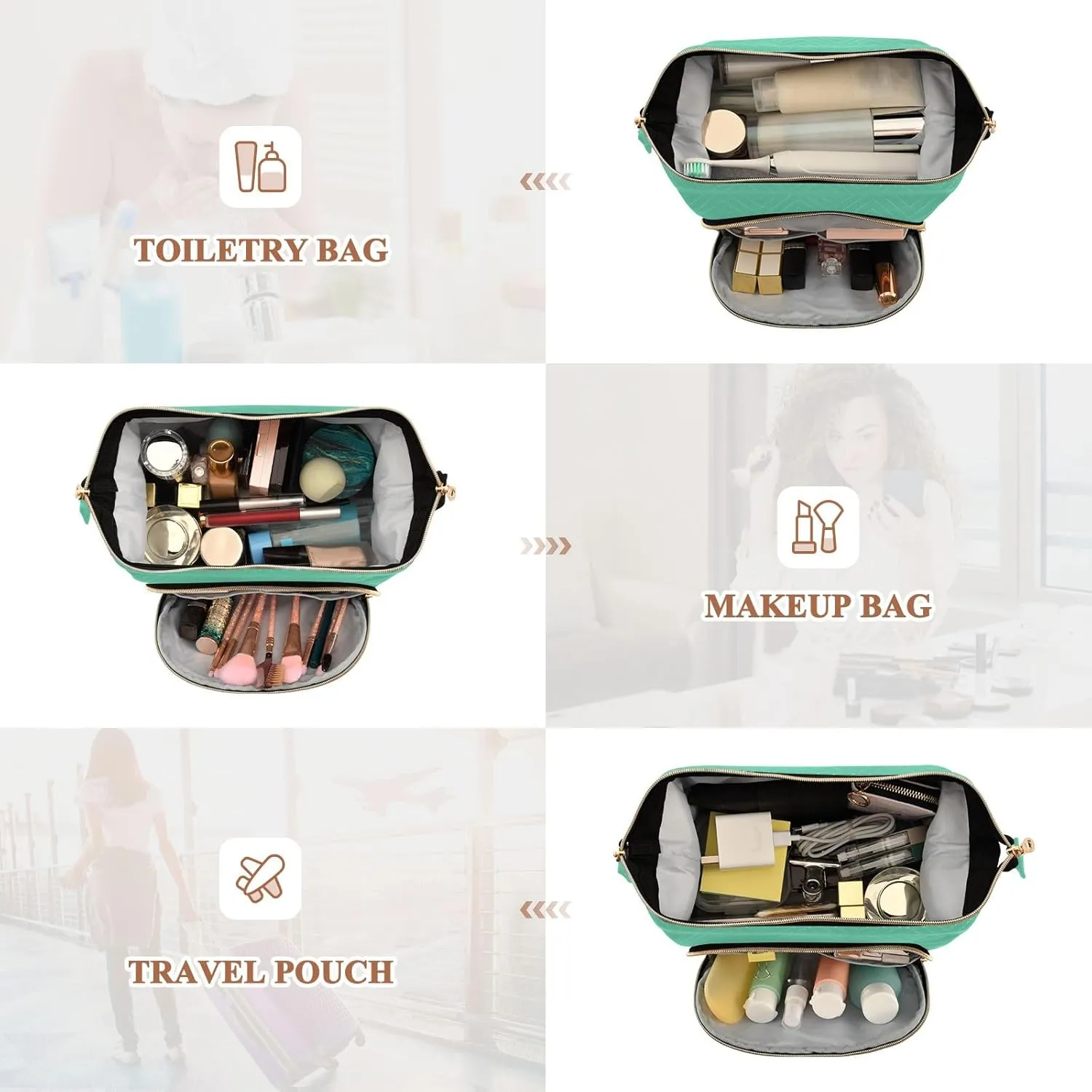 ODAWA Large Capacity Makeup Bag Medium Aquamarine Wide-open Pouch Purse with 9-Piece Accessory Set, Travel Cosmetic Bag Organizer Bag for Makeup