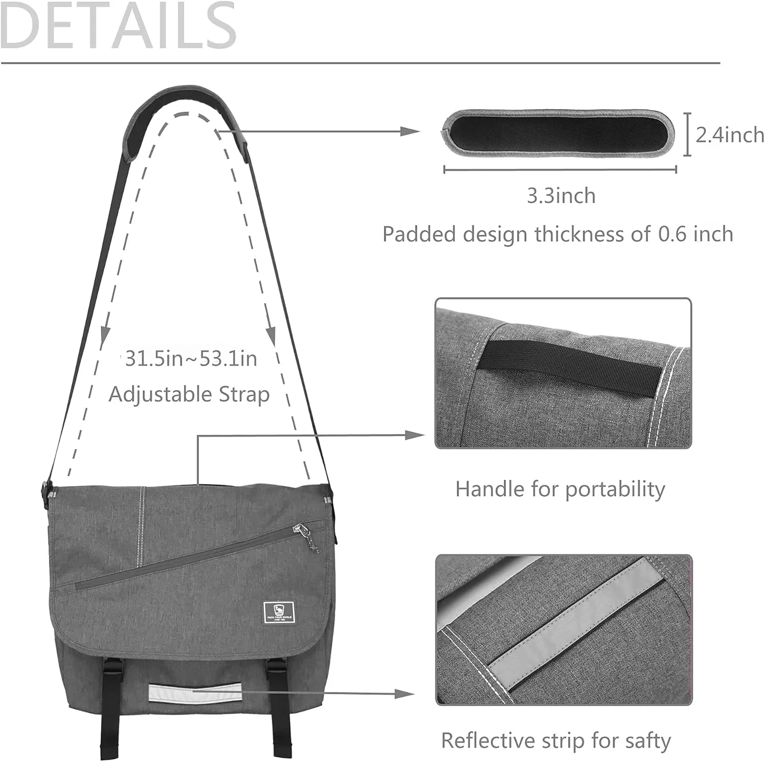 OIWAS 15.6 Inch Messenger Bag for Men/Women Crossbody Travel Satchel Bags Laptop Shoulder Bag Large Briefcase Computer Work College Grey