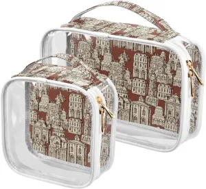 Old Style Building and Fountains Toiletry Bag, 2 Pack TSA Approved Toiletry Bag Clear Cosmetic Makeup Bag for Women