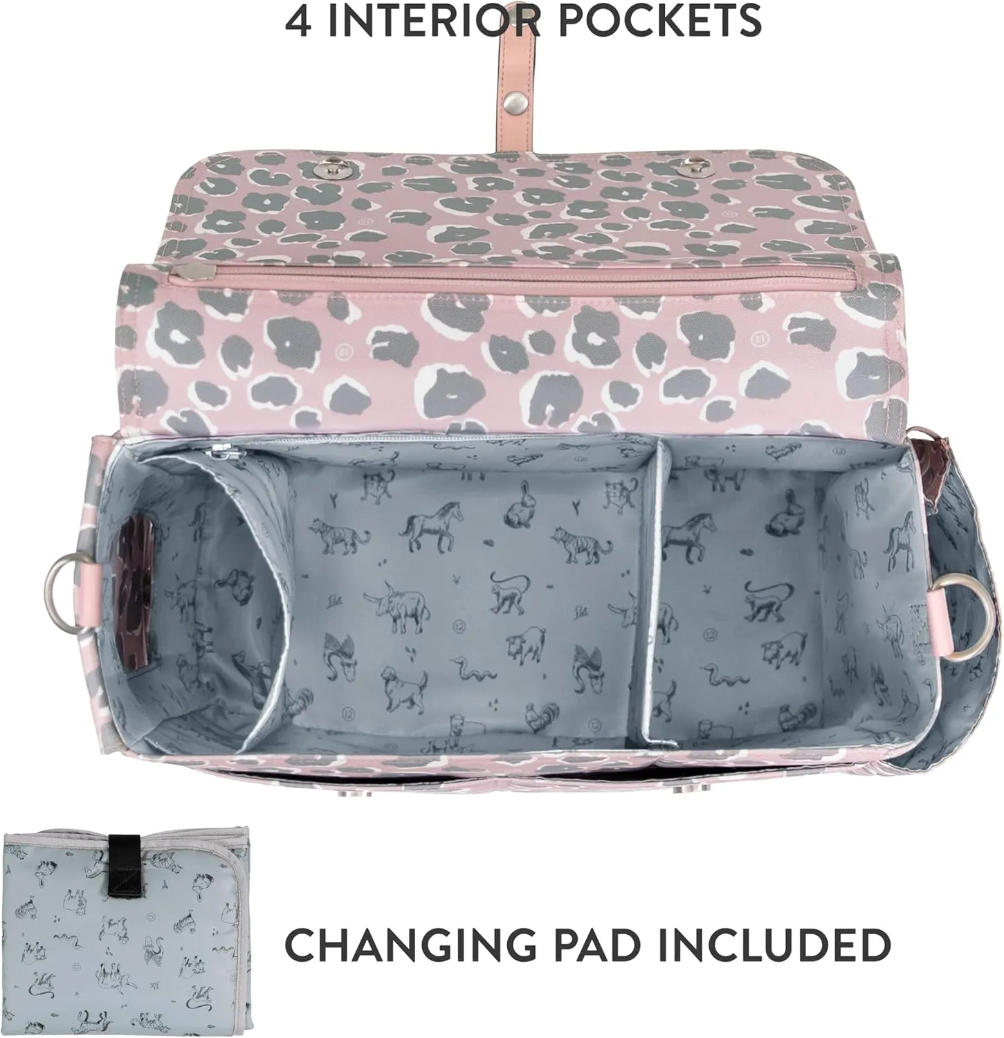 On-The-Go Stroller Caddy 3.0 - Travel Style Diaper Bag, Messenger Diaper Bag, Includes Stroller Clips and Changing Pad - Pink Leopard