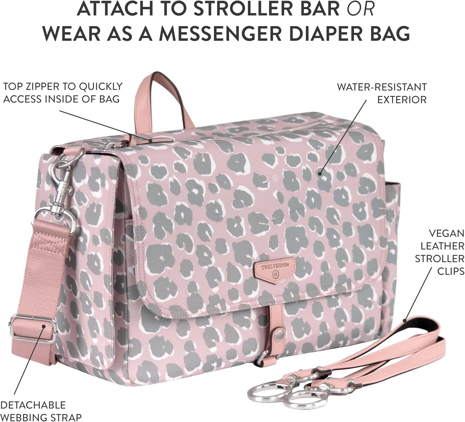 On-The-Go Stroller Caddy 3.0 - Travel Style Diaper Bag, Messenger Diaper Bag, Includes Stroller Clips and Changing Pad - Pink Leopard