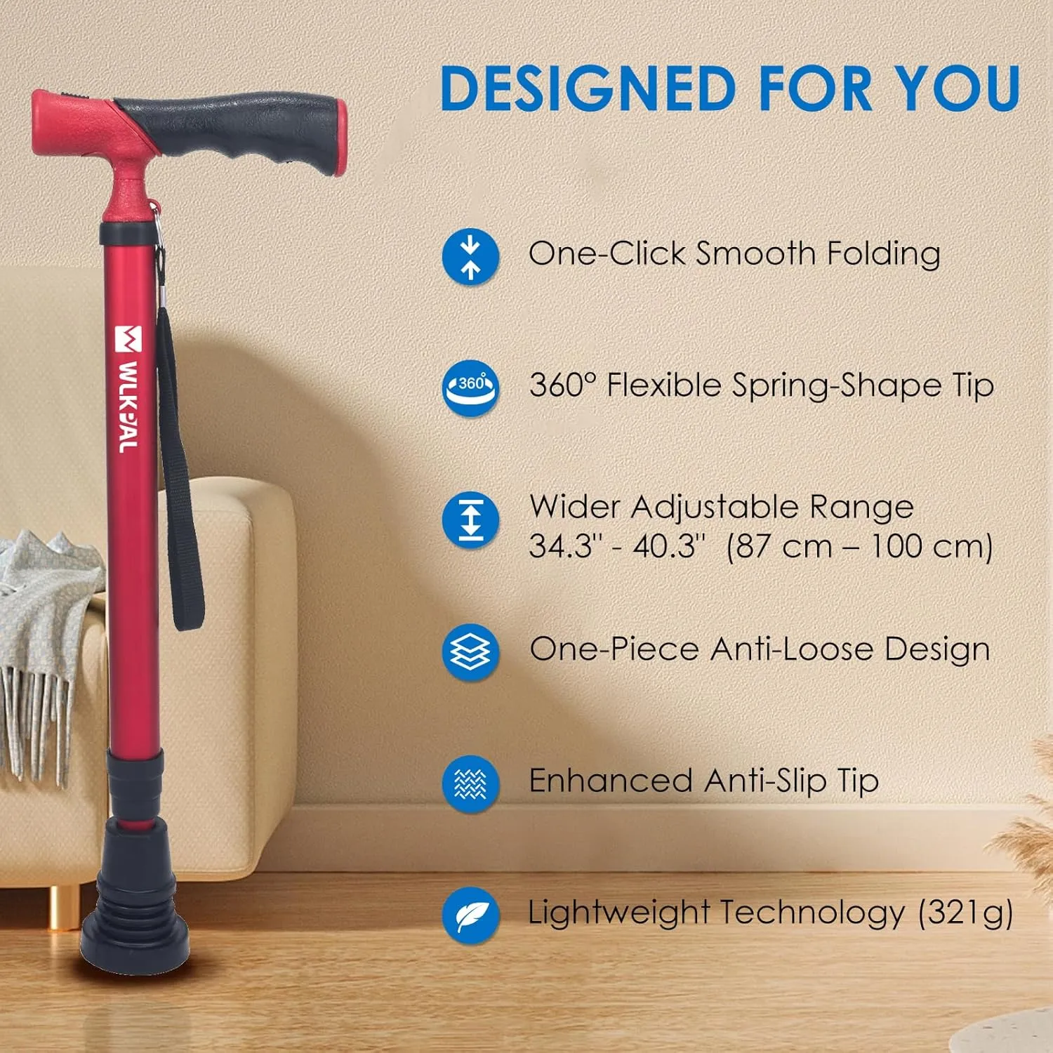 One-Button MagicFold Walking Cane (Anchor Series) – Fold Manually Like an Umbrella | Compact, Lightweight & Travel-Friendly Folding Cane, Adjustable, All-Terrain Tips, Elegant Muted Tones