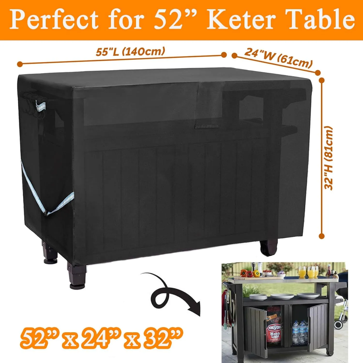 Outdoor Table Cover 55 Inch, Heavy Duty Waterproof Fabric BBQ Cart Cover Compatible with 52-inch Keter Unity XL Portable Outdoor Table, Grill Cart Serving Bar Table Patio Cabinet Cover,55" x 24" x 32"