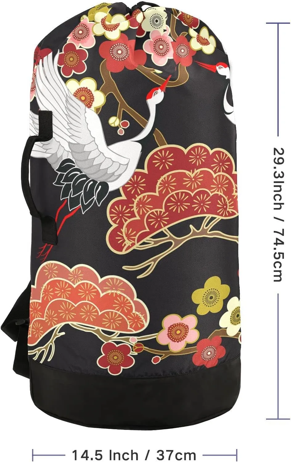 Oyihfvs Japanese Flying Birds Crane Flowers Backpack Laundry Bag, Laundry Backpack with Shoulder Straps, Waterproof Nylon Clothes Hamper Bag for Men Women Yoga Backpack
