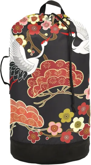 Oyihfvs Japanese Flying Birds Crane Flowers Backpack Laundry Bag, Laundry Backpack with Shoulder Straps, Waterproof Nylon Clothes Hamper Bag for Men Women Yoga Backpack