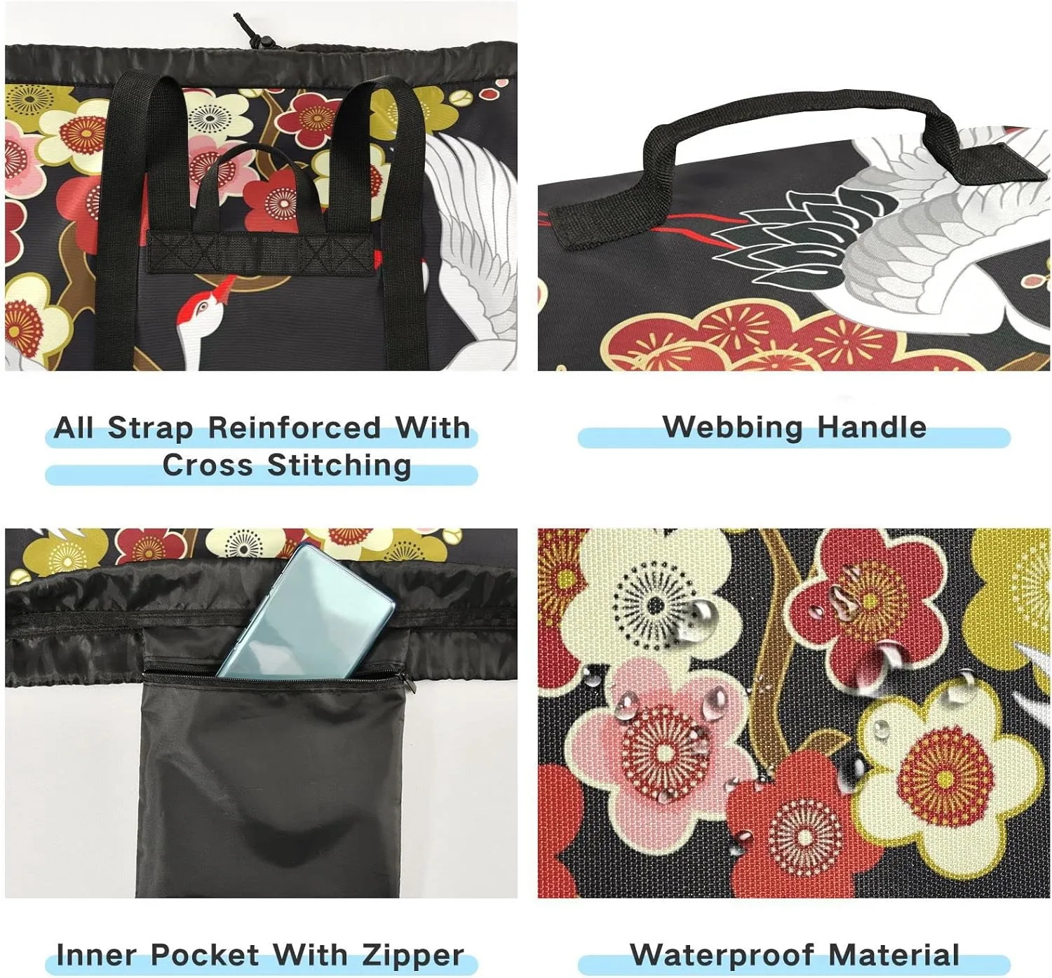 Oyihfvs Japanese Flying Birds Crane Flowers Backpack Laundry Bag, Laundry Backpack with Shoulder Straps, Waterproof Nylon Clothes Hamper Bag for Men Women Yoga Backpack