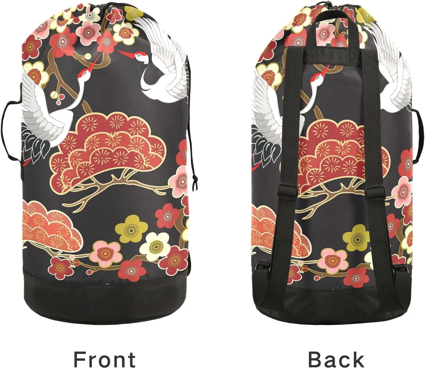 Oyihfvs Japanese Flying Birds Crane Flowers Backpack Laundry Bag, Laundry Backpack with Shoulder Straps, Waterproof Nylon Clothes Hamper Bag for Men Women Yoga Backpack