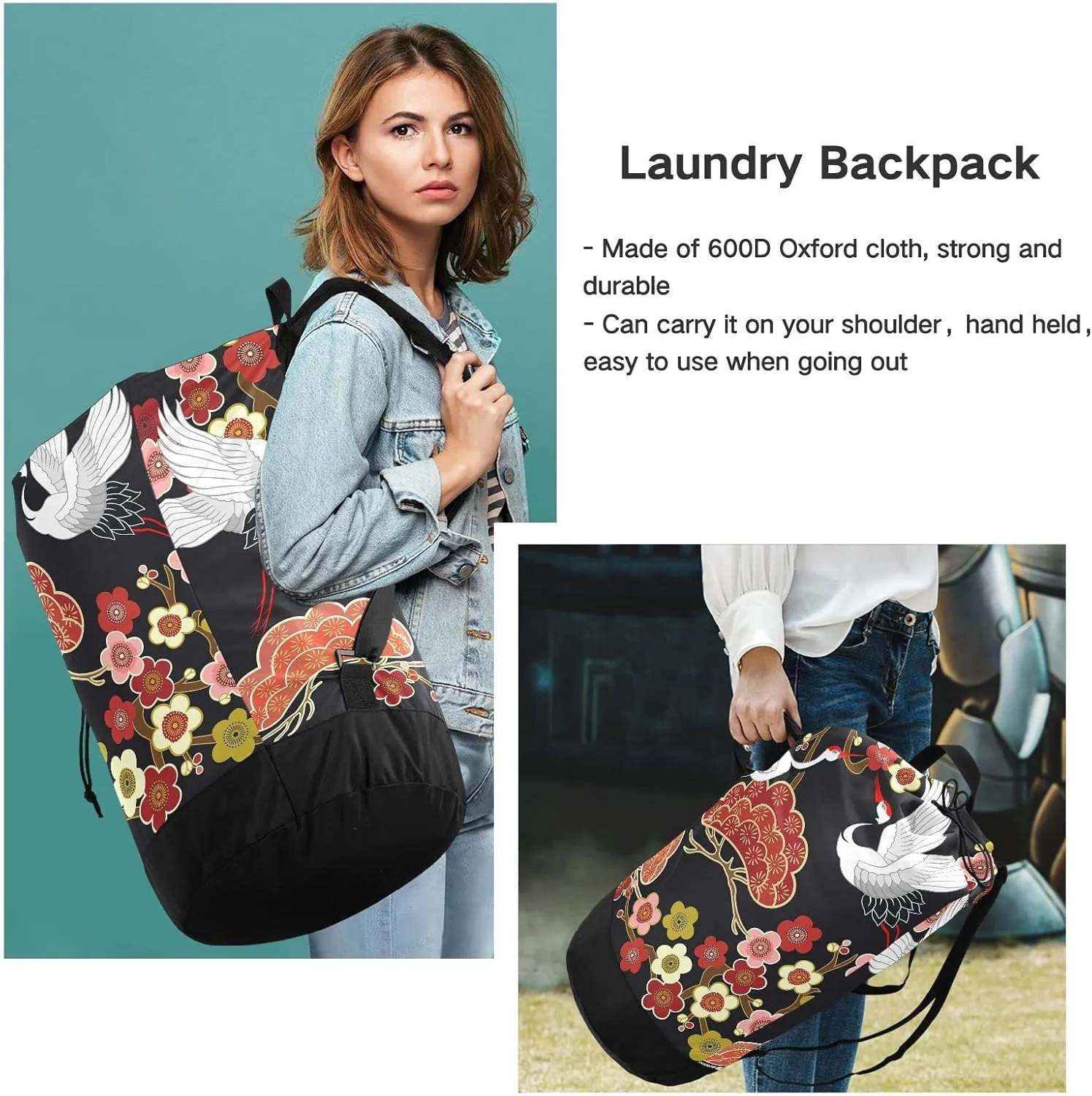 Oyihfvs Japanese Flying Birds Crane Flowers Backpack Laundry Bag, Laundry Backpack with Shoulder Straps, Waterproof Nylon Clothes Hamper Bag for Men Women Yoga Backpack