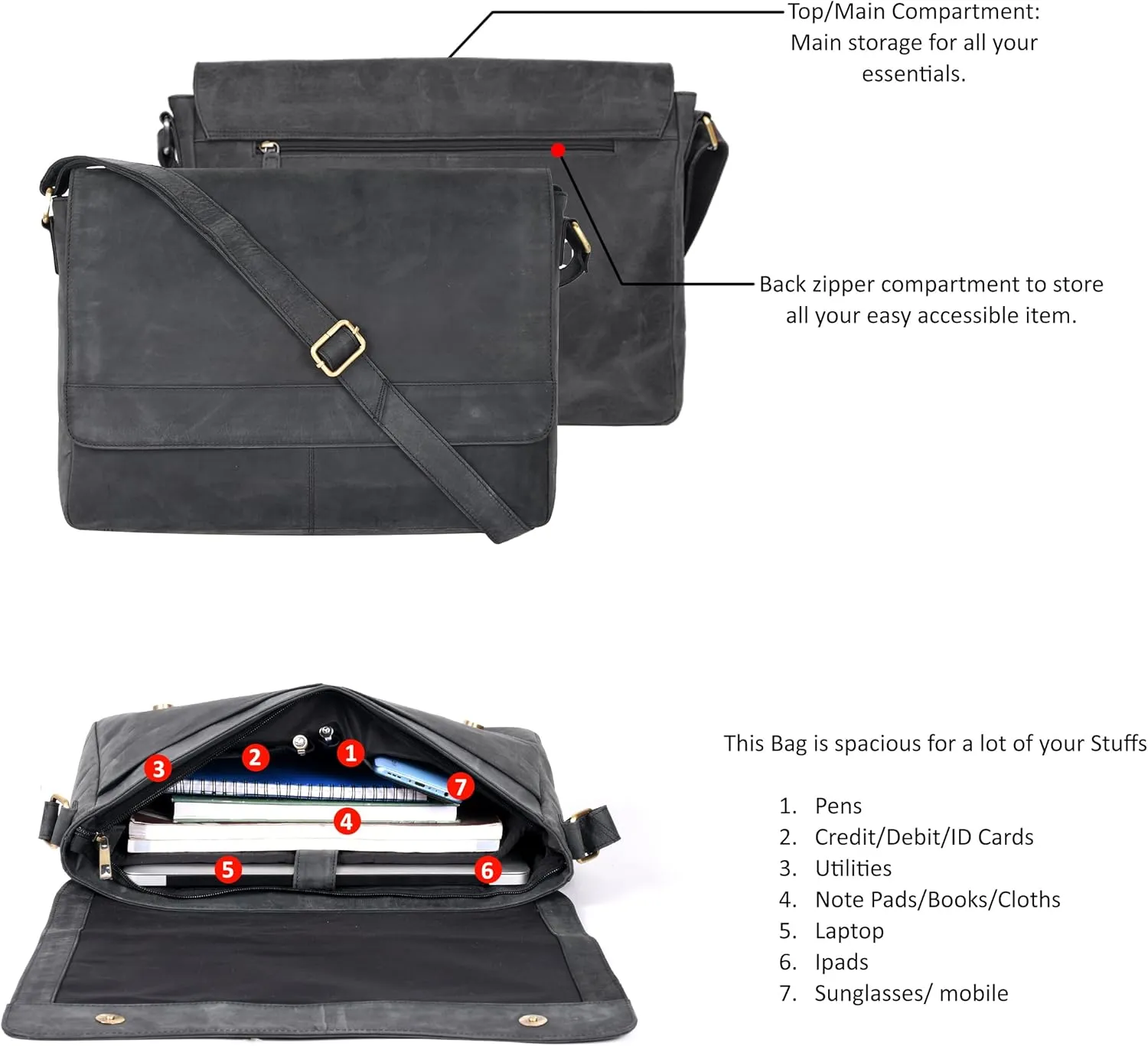 Ozora Genuine Leather Unisex Crossbody Messenger Bag with Adjustable Strap for 17 Inch Laptop, Travel, Office